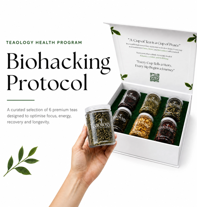 A cup of organic green tea next to a laptop representing biohacking and focus in the UAE.